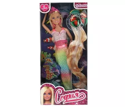 Карапуз Кукла София русалка, руки и ноги сгибаются, светящаяся прядь 29 см