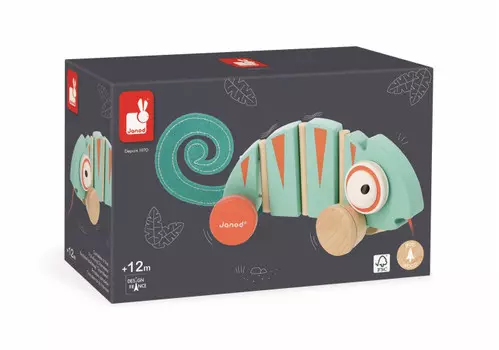 Каталка-игрушка Janod на веревочке Хамелеон Тропики