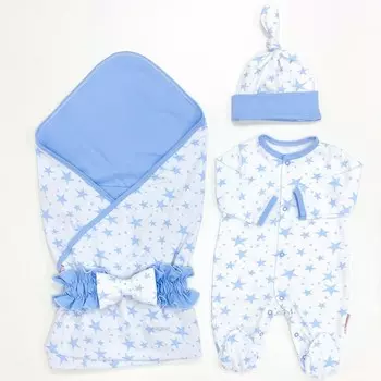 Комплект на выписку СуперМаМкет летний (комбинезон, шапочка, плед, пояс-бант) Звезды