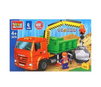 Конструктор Город мастеров Камаз бортовой с краном, с фигуркой (103 детали)
