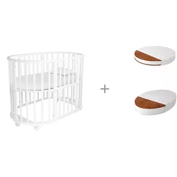 Кроватка-трансформер Forest kids Lavatera 6 в 1 (колесо) с матрасами круглым Малышок Комфорт и овальным Дрема Софт Дрим