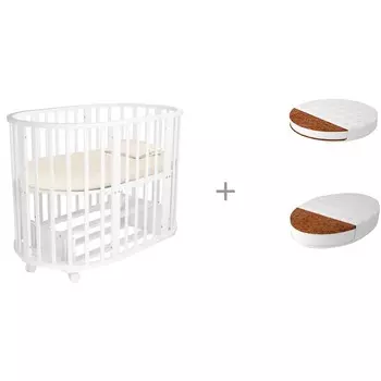 Кроватка-трансформер Forest kids Lavatera 6 в 1 (маятник) с матрасами круглым Малышок Комфорт и овальным Дрема Софт Дрим