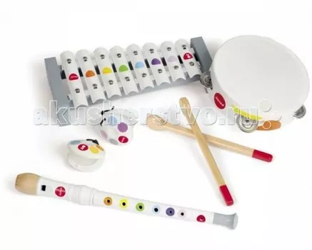 Музыкальный инструмент Janod Набор белых музыкальных инструментов - металлофон, флейта, бубен, кастаньеты