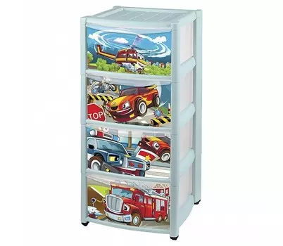 Пластишка Комод детский на колесах с выдвижными ящиками и аппликацией 4 ящика