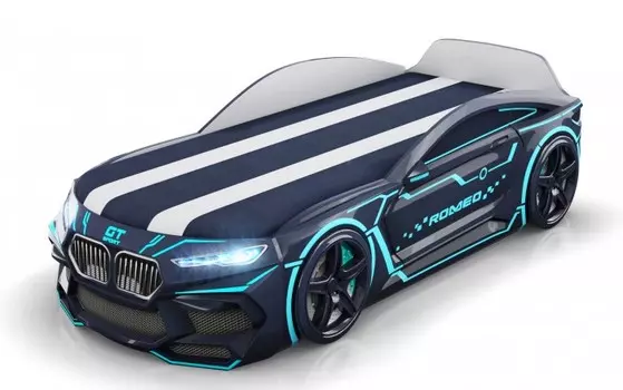 Подростковая кровать Romack машина Romeo-M Neon с подсветкой фар, ящиком и матрасом