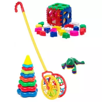 Развивающая игрушка Тебе-Игрушка Набор Каталка Колесо + Кубик логический большой + Пирамида детская большая