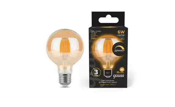 Светильник Gauss Лампа Filament LED диммируемаяgolden Е27 G95 6W 620lm 2400К