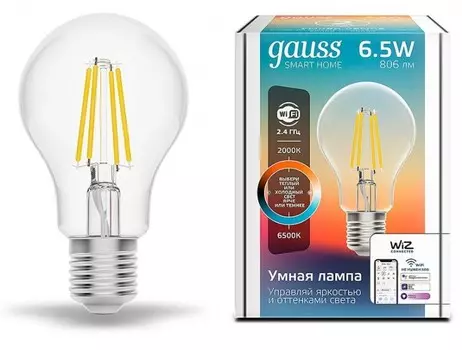 Светильник Gauss Лампа светодиодная филаментная Smart Home DIM+CCT E27 A60 6,5Вт 2000-6500К