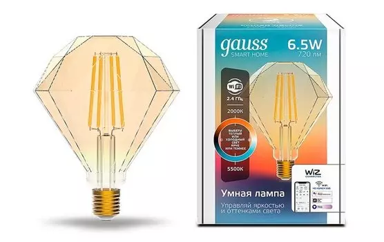 Светильник Gauss Лампа светодиодная филаментная Smart Home DIM+CCT E27 Diamond Golden 6,5 Вт 2000-5500К