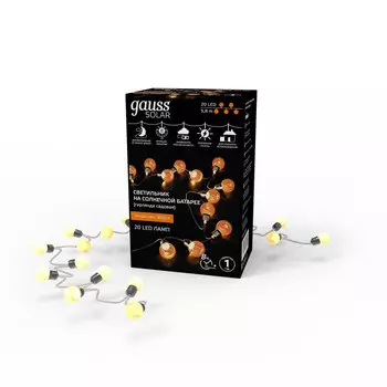 Светильник Gauss Solar Гирлянда садовая на солнечной батарее 20 LED ламп Большие шары Белый свет