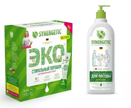 Synergetic Стиральный порошок 50 стиков + Средство для посуды Алоэ 0.5 л