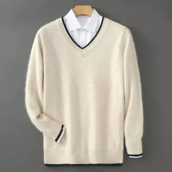 100% чистый норковый кашемировый свитер, мужские пуловеры, вязаный норковый свитер большого размера, зимние новые высококачественные джемперы с v-образным вырезом и длинными рукавами, топы