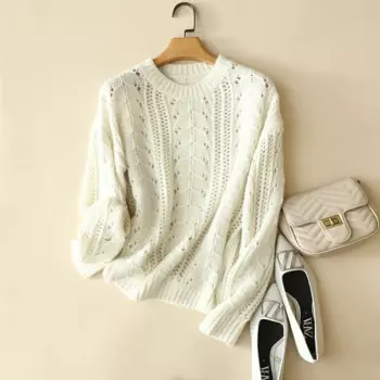 100% кашемировый свитер Pointelle с круглым вырезом, женский зимний модный свободный вязаный толстый джемпер, топ