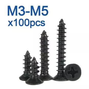 100 шт./лот M3 M3.5 M4 M5 черный винт из углеродистой стали Cross Phillips с плоской потайной головкой, Самонарезающий мини-винт, электрический/woood