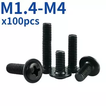 100 шт./лот PWB с круглой головкой и шайбой, саморезы с черным покрытием, ферменный винт из углеродистой стали M1.4 M1.7 M2 M2.3 M2.6 M3 M3.5 M4