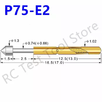 100 шт., пружинные штифты P75 серии Pogo, штифт зонда диаметром 1,02 мм, тест печатной платы, никелированная головка, игольчатая головка диаметром 1,3 мм,