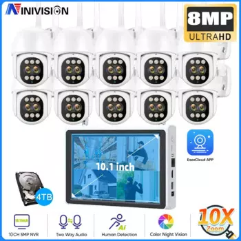 10.1 Inch Monitor 10CH NVR Kit Wireless PTZ Security 8MP 10X Zoom Camera System 2-Way Audio Home Wifi CCTV Surveillance Cameras