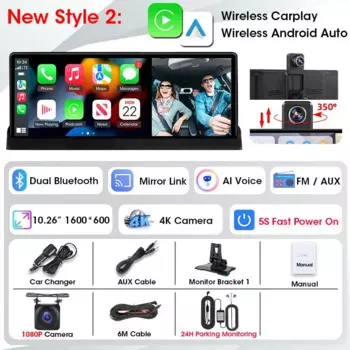 10,26-дюймовый беспроводной CarPlay 4K Android Auto 350 ° Поворотный видеорегистратор, умная приборная панель, видеорегистратор, универсальный экран дисплея