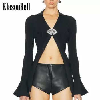 10.30 KlasonBell женский элегантный эластичный вязаный кардиган в рубчик с бриллиантами и пряжкой, тонкое пальто с v-образным вырезом и расклешенными рукавами