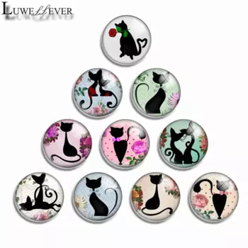 10 мм, 12 мм, 14 мм, 16 мм, 20 мм, 25 мм, 488, милый черный кот, смешанный круглый стеклянный кабошон, ювелирные изделия, 18 мм, браслет с кнопкой-подвеской