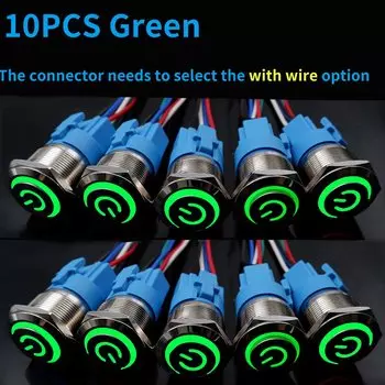 10 шт., 16 мм, 19 мм, металлический выключатель питания, кнопочный переключатель с высокой головкой, светодиодный светильник, мгновенный самосброс/кнопка блокировки, переключатель запуска автомобиля, 5 В, 12 В