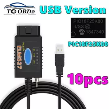 10 шт., диагностический сканер ELM327 V1.5 USB PIC18F25K80 FTDI/CH340