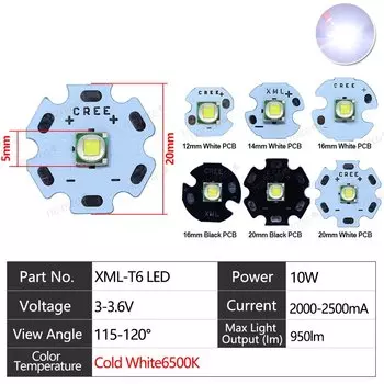 10 шт. LED XML-T6 фонарик 10 Вт холодный/теплый белый 12/14/16/20 мм