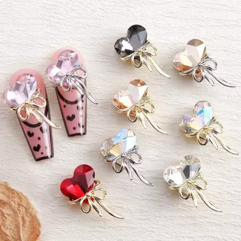 10Pcs 3D Luxury Alloy Bow Love Heart Rhinestone Nail Charms Crystal Zircon Creative Nail Art Decorations Jewelry Accessories