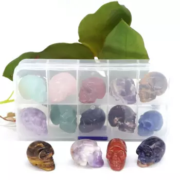 10Pcs/Box 1" Skull Statue Natural Stone Healing Crystal Ornament Reiki Figurines Halloween Decoration Jewelry Making Accessories