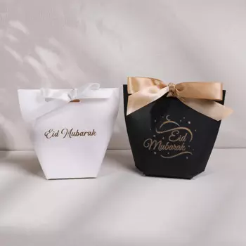 10Pcs Eid Mubarak White Black Gift Box With Ribbon Bow Candy Snack Packaging Box Ramadan Kareem Muslim Islamic Party Gift Bags