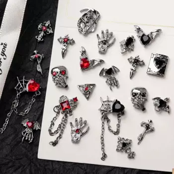 10Pcs Gothic Punk Style Nail Art Charms 3D Heart Cross Halloween Skull Love Chain Pendant Design Nail Decoration Accessories