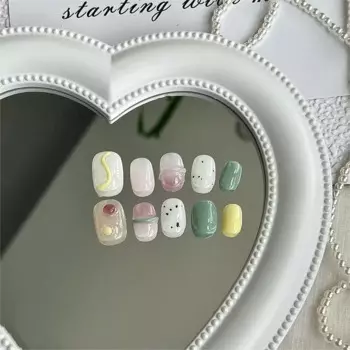 10Pcs Handmade lovely Press on Nails Short Cute Reusable Adhesive False Nails Acrylic Nail Tips Nail Art Y2k Girls