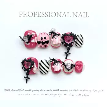 10pcs Handmade Pink False Nails Short Round Press On Nail With 3D Ghost Designs Halloween Style Fake Nails Manicure Art