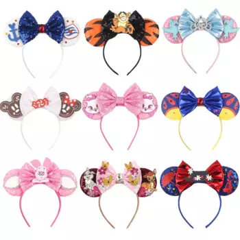 10Pcs/Lot Cartoon Character Mouse Ears Headband For Girls Birthday Party Hairband Sequins Bow Festival Cosplay Hair Accessories