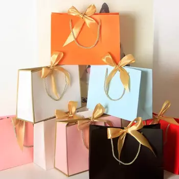 10pcs/lot New High Quality Pretty Pink Gift Bag Gift Box Ornament Pajama Book Black Handle With Ribbon Paper Bag Kraft Packaging