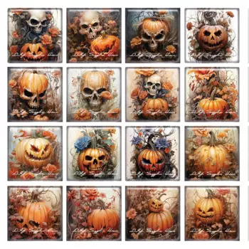 10pcs/lots Halloween Skull Head Pumpkin Face Flower Square Photo Glass Cabochon Demo Flat Back Cameo For Diy Jewelry Making