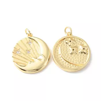 10pcs Metal Cubic Zirconia Pendants Flat Round with Moon Gold Plated For Making DIY Jewelry Necklace Bracelet Keychain Charms