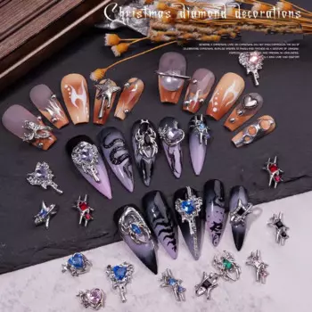 10Pcs Retro Valentine's Day Collection Nail Art Charms 3D Silver Inlaid Love Rhinestones Nail Design DIY Decoration Accessories