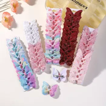 10Pcs/set Gradient Color Butterfly Bows Hair Clips for Baby Girls Leather Hairpins Barrettes Headwear Kids Hair Acesssories Gift