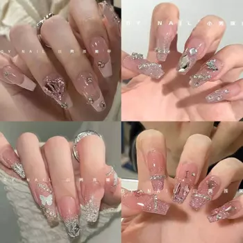 10Pcs Simple Shiny Pink Crystal Handmade Press On Full Cover Artificial Manicuree 3D Butterfly Rhinestone Pearl False Nails Tips