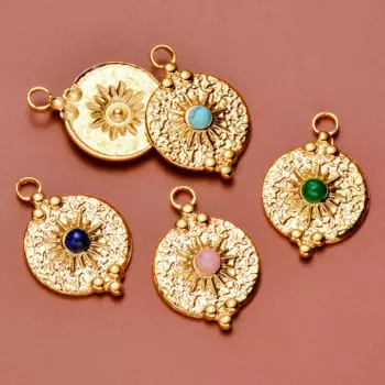 10pcs Stainless Steel Natural Stone Sun Flower Pendant Round Charms Bohemian DIY Necklace Earring Accessories Waterproof