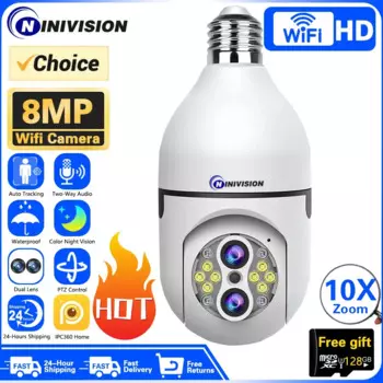 10X PTZ Zoom 4K 8MP Wi-Fi E27 Лампа безопасности Радионяня Беспроводная автоматическая камера слежения за человеком с двумя объективами Световые камеры наблюдения