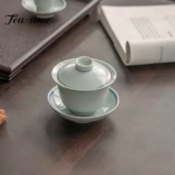120 мл белая разноцветная двухстрочная художественная чашка Gaiwan ручной работы чашка блюдце чай туреен чай Пивоваренная чаша китайский чайный набор Коллекция