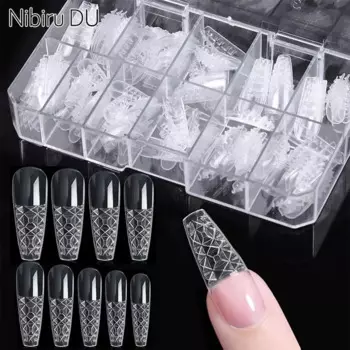 120PCS Press On Glazed False Nails Tips Almond Square French 3D Glass Concave-Convex Full Cover Transparent Manicure Design