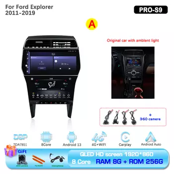 12,3 автомобильный мультимедийный видеоплеер для Ford Explorer 2011-2019, GPS-навигация, радио, Android13, 8 ядер, CarPlay, 4G, 360-камера, экран переменного тока