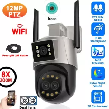 12MP 6K HD Внешняя Wi-Fi IP-камера Открытый 8-кратный зум Три объектива Двойной экран Onvif Защита безопасности CCTV Наблюдение ICsee 4K