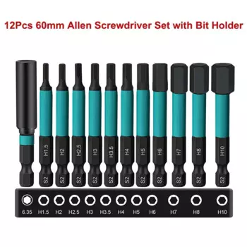 Набор шестигранных отверток, 12 шт., с держателем бит, 60 мм, шестигранная отвертка, 1/4 дюйма, шестигранный хвостовик, набор магнитных шестигранных бит H1,5 ~ H10 SET