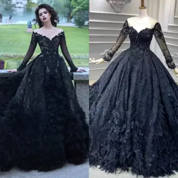 15374 # IENA изысканное темно-синее кружевное Бисероплетение Блестки аппликация перо Свадебное Платье Иллюзия с длинными рукавами свадебное платье со шлейфом