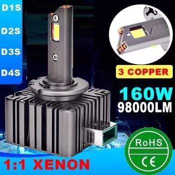 160 Вт 98000LM D1S D3S D2S D4S автоматическая светодиодная фара 6500k белая светодиодная лампа с 3 медными трубками