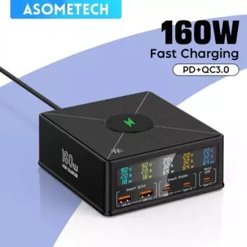 160 Вт GaN USB Type C Телефон Быстрая зарядка Беспроводное зарядное устройство PD QC4.0 Станция быстрой зарядки для iPhone 14 iPad Samsung Macbook Ноутбук